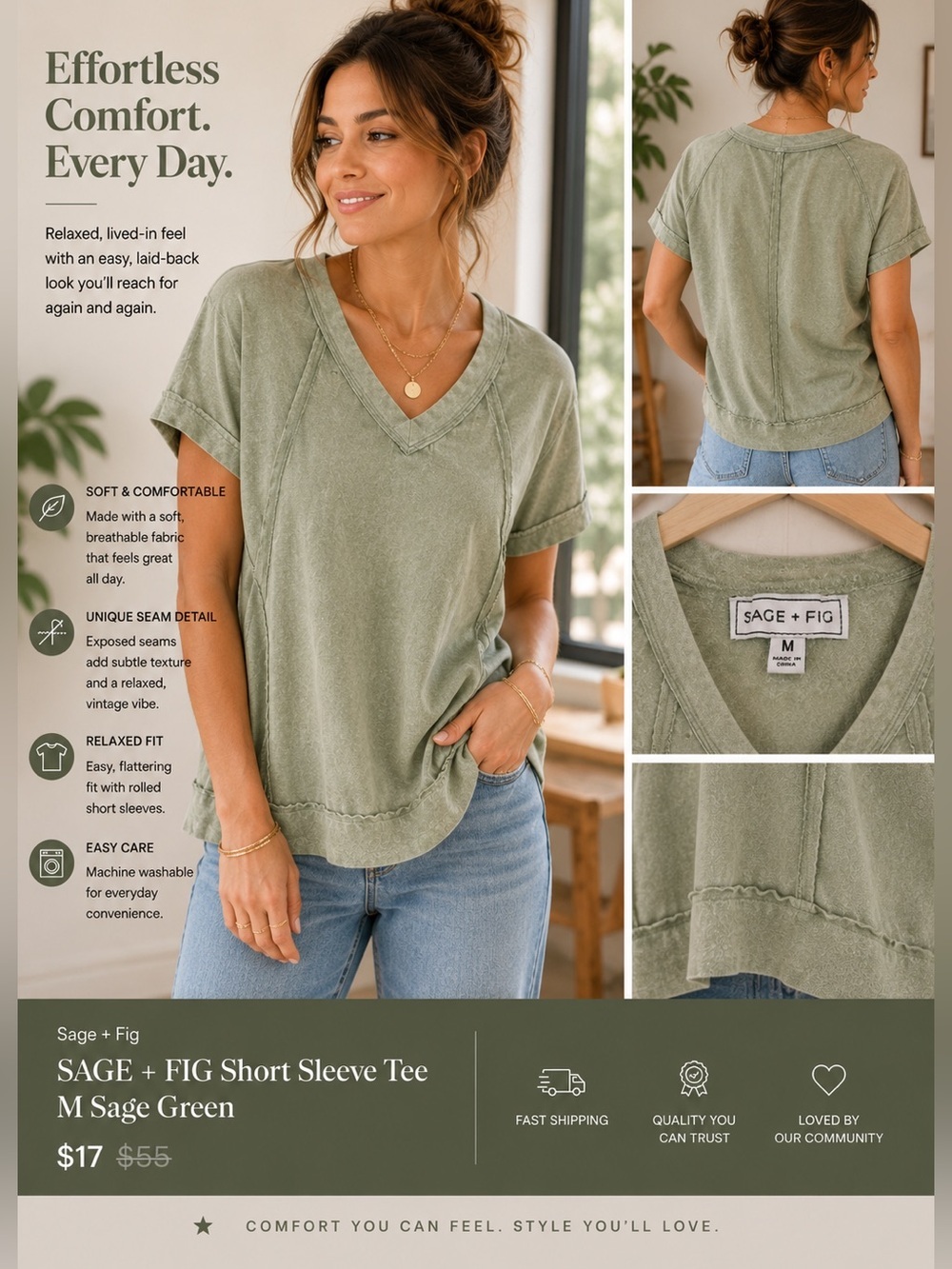 SAGE + FIG Short Sleeve Tee M Sage Green